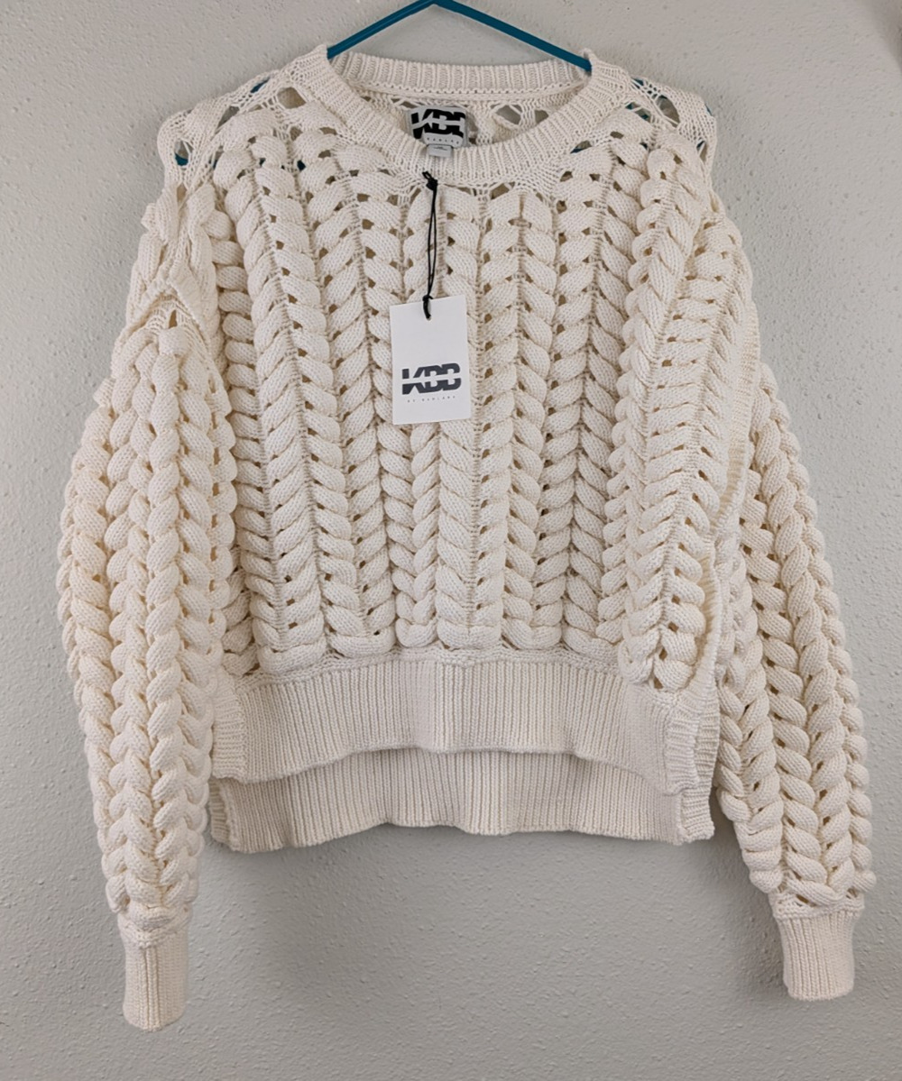 New KBB by Kahlana sz M Chunky Cable Sweater ope knit long sleeves 1548